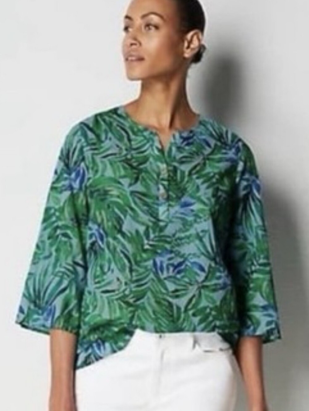 J. Jill Tropical Botanical Print Cotton Tunic Blouse XS Blue Green Coastal Resor